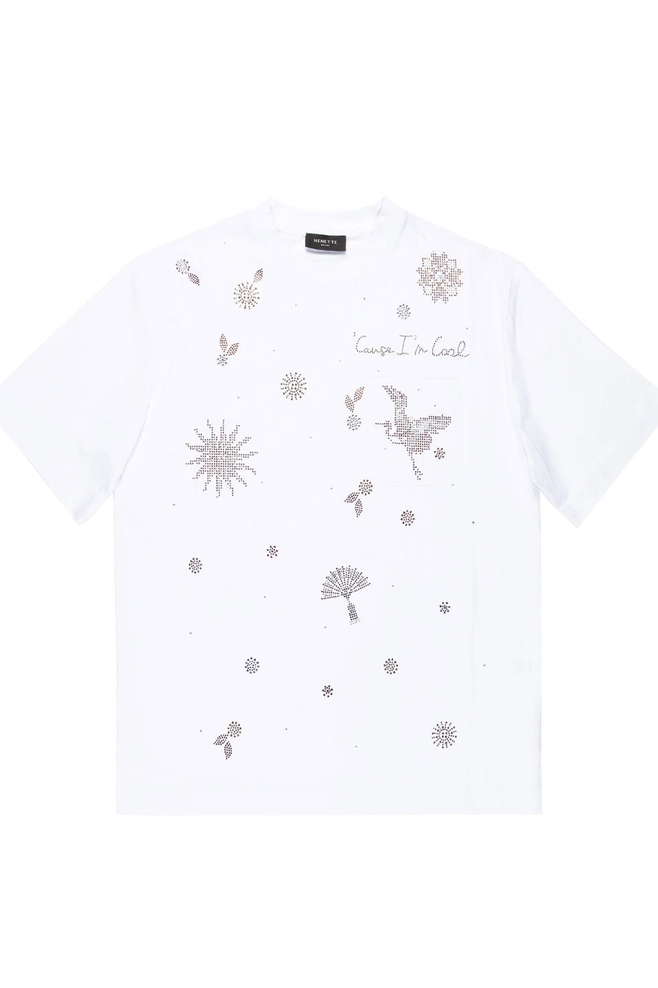 Γυναικεία μπλούζα T-shirt με κέντημα και πέτρες λευκή Nenette