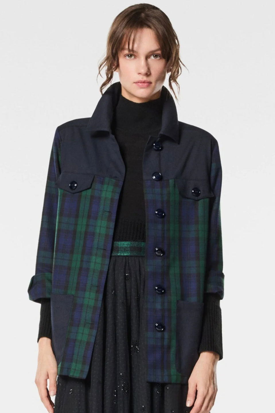 Γυναικείο πανωφόρι καρό πράσινο μπλε με κέντημα λουλούδια Nenette