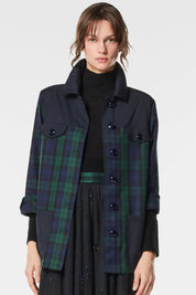 Γυναικείο πανωφόρι καρό πράσινο μπλε με κέντημα λουλούδια Nenette