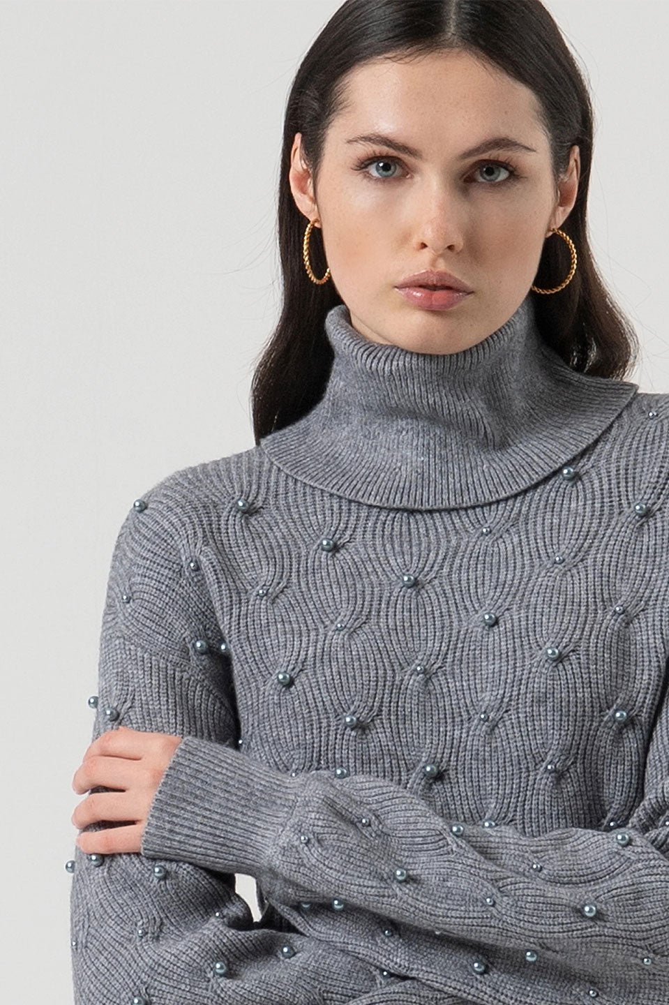 Γυναικεία μπλούζα πλεκτή ζιβάγκο με λεπτομέρειες γκρι Fracomina