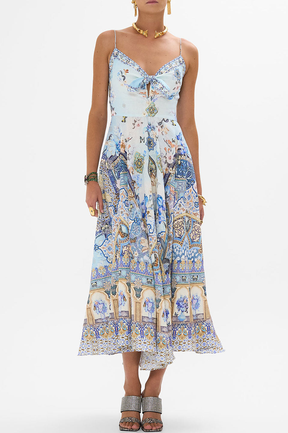 Γυναικείο Midi φόρεμα με δέσιμο εμριμέ 00031704-ALMANPAL Camilla