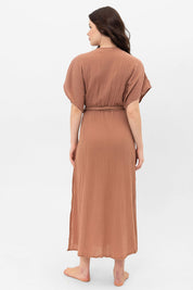 Γυναικείο φόρεμα γάζα με ζώνη καφέ Blanca