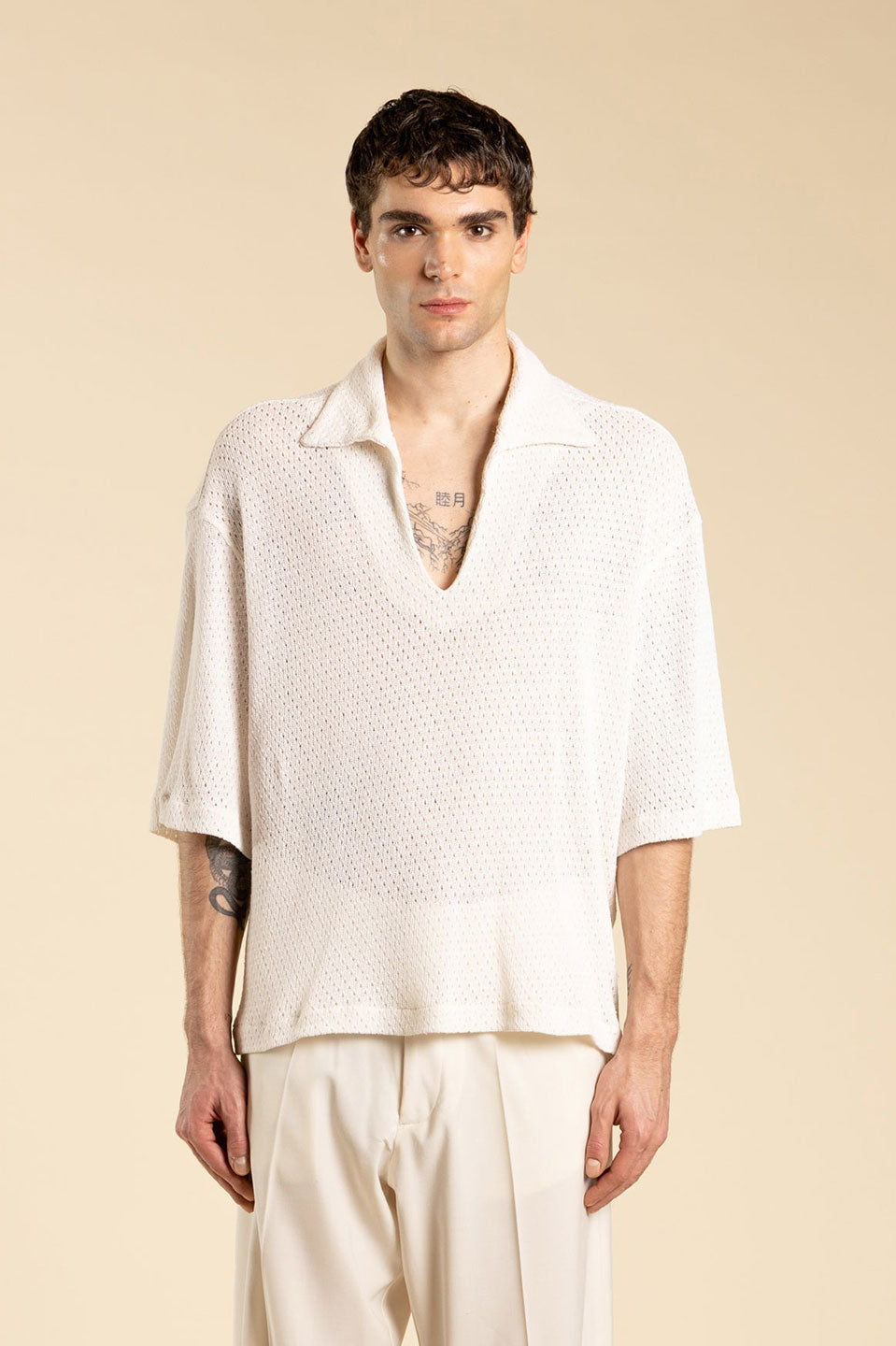 Ανδρική Πλεκτή μπλούζα με γιακά και V μπεζ I'M BRIAN