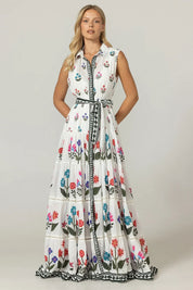 Γυναικείο φόρεμα με κεντήματα και ζώνη λευκό-εμπριμέ Miss June