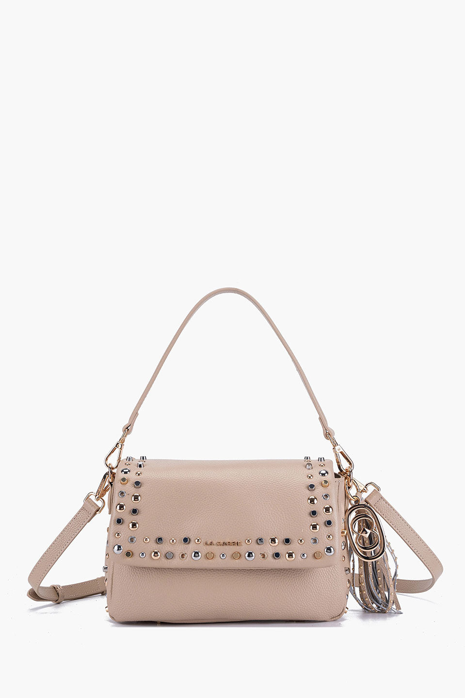 Γυναικεία τσάντα ώμου-χιαστί με τρουκς μπεζ La Carrie