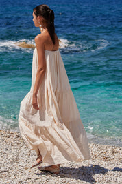 Γυναικείο Φόρεμα αέρινο στράπλες σε φαρδιά γραμμή λευκό Eleh