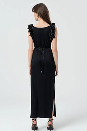 Γυναικείο φόρεμα με βολάν στους ώμους μαύρο Fracomina