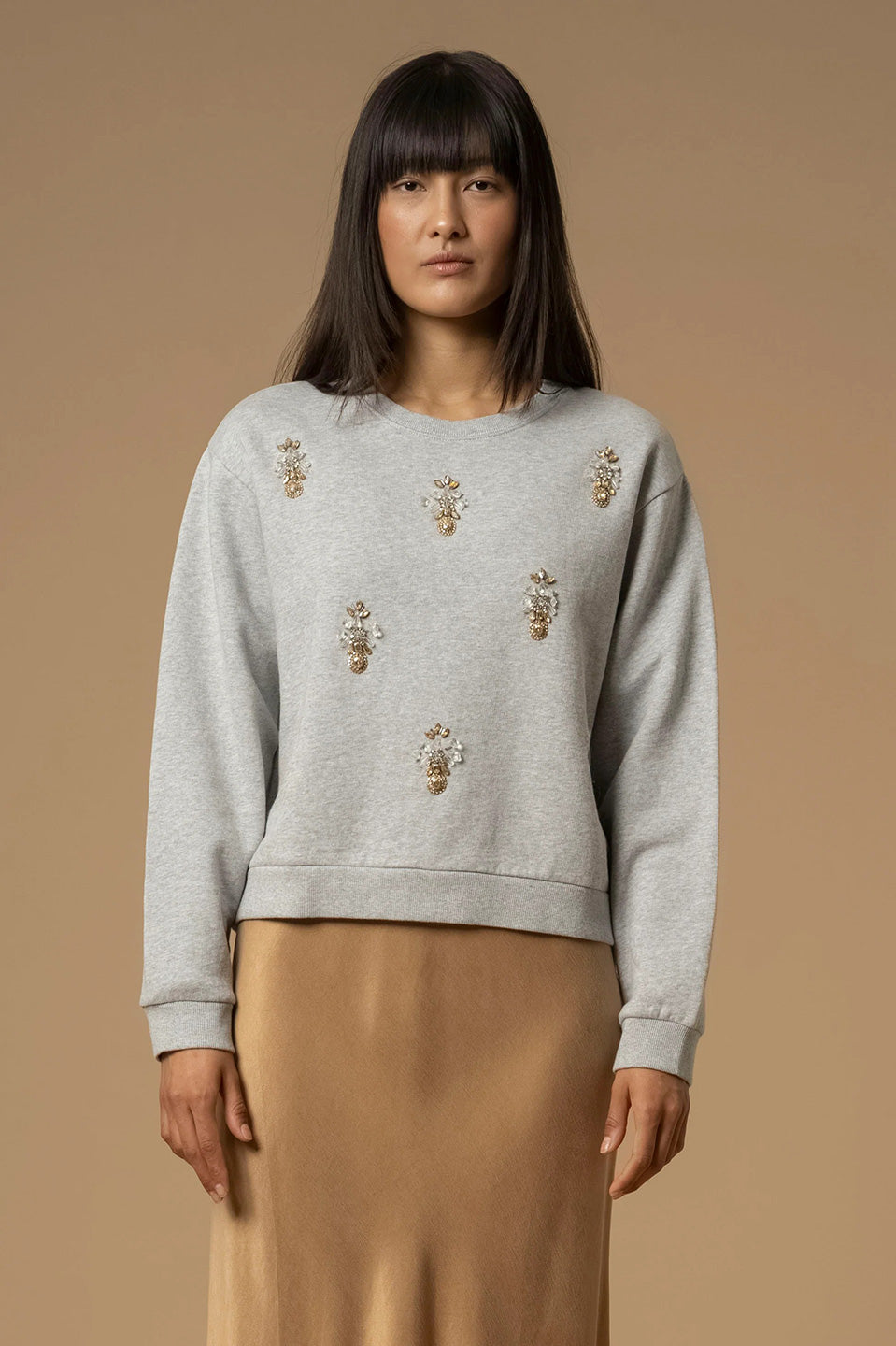 Γυναικεία μπλούζα πλεκτή με πέτρες γκρι μελαζέ Kocca