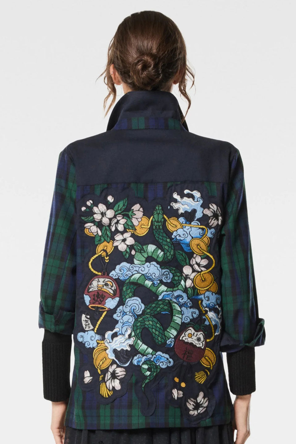 Γυναικείο πανωφόρι καρό πράσινο μπλε με κέντημα λουλούδια Nenette