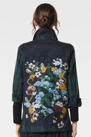 Γυναικείο πανωφόρι καρό πράσινο μπλε με κέντημα λουλούδια Nenette